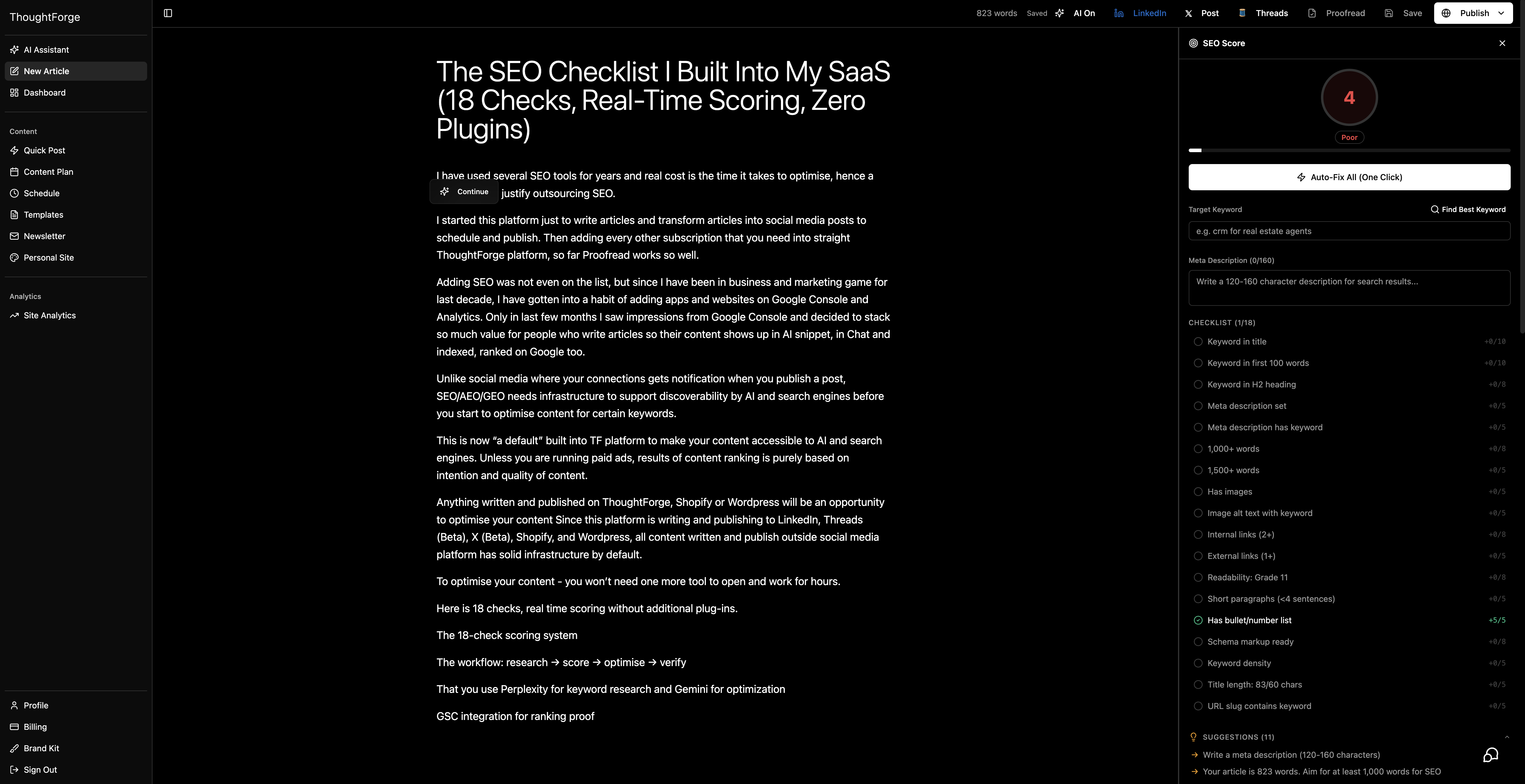 Showing a screenshot of this article with low score on thoughtforge before AEO GEO and SEO optimisation
