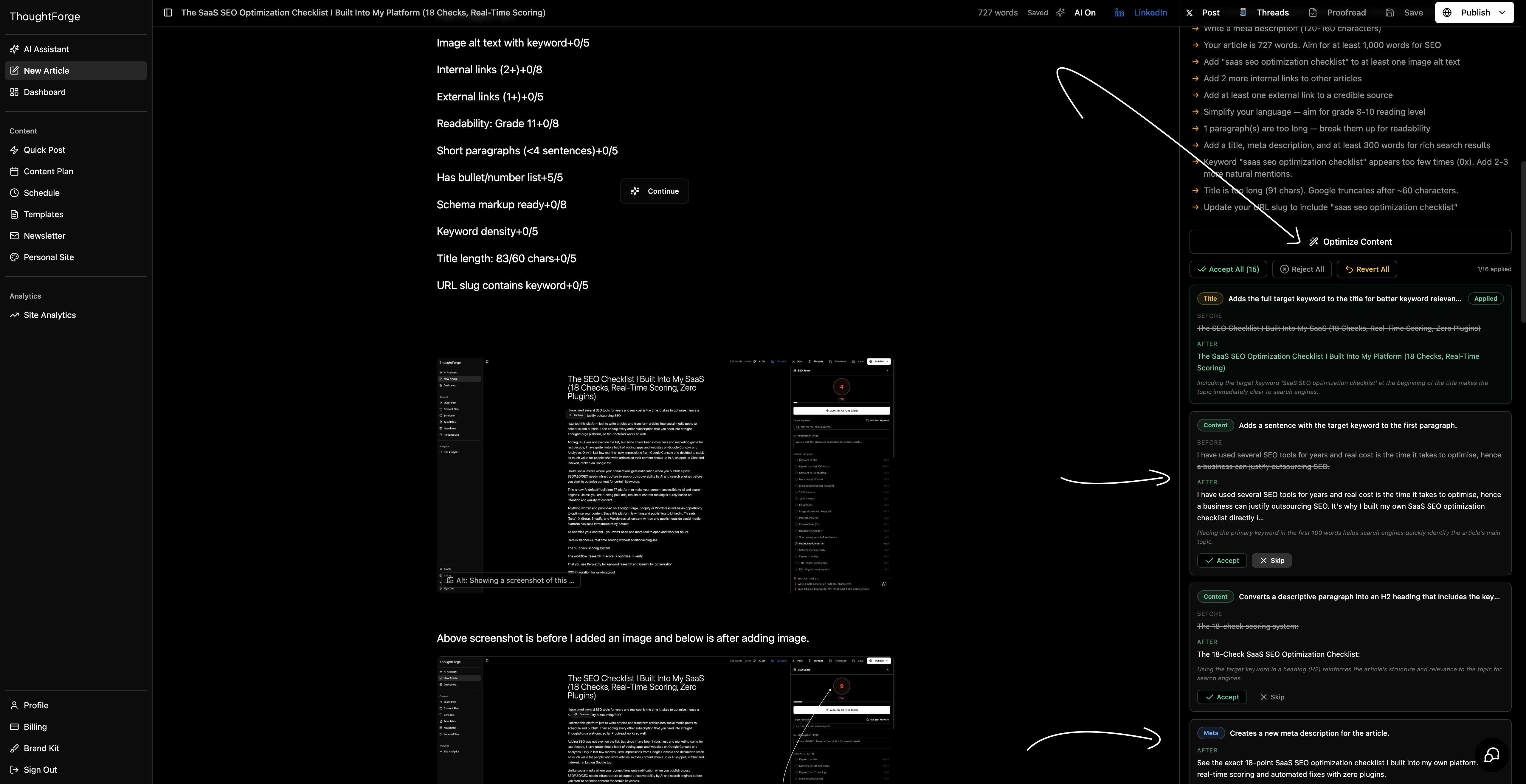 ThoughtForge. App SEO Optimisation's Optimise Content Feature Lists